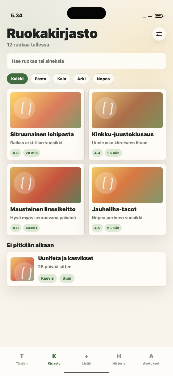 Ruokakirjaston näkymä.
