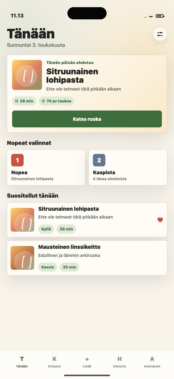 Tänään-näkymä, jossa sovellus ehdottaa päivän ruokaa.
